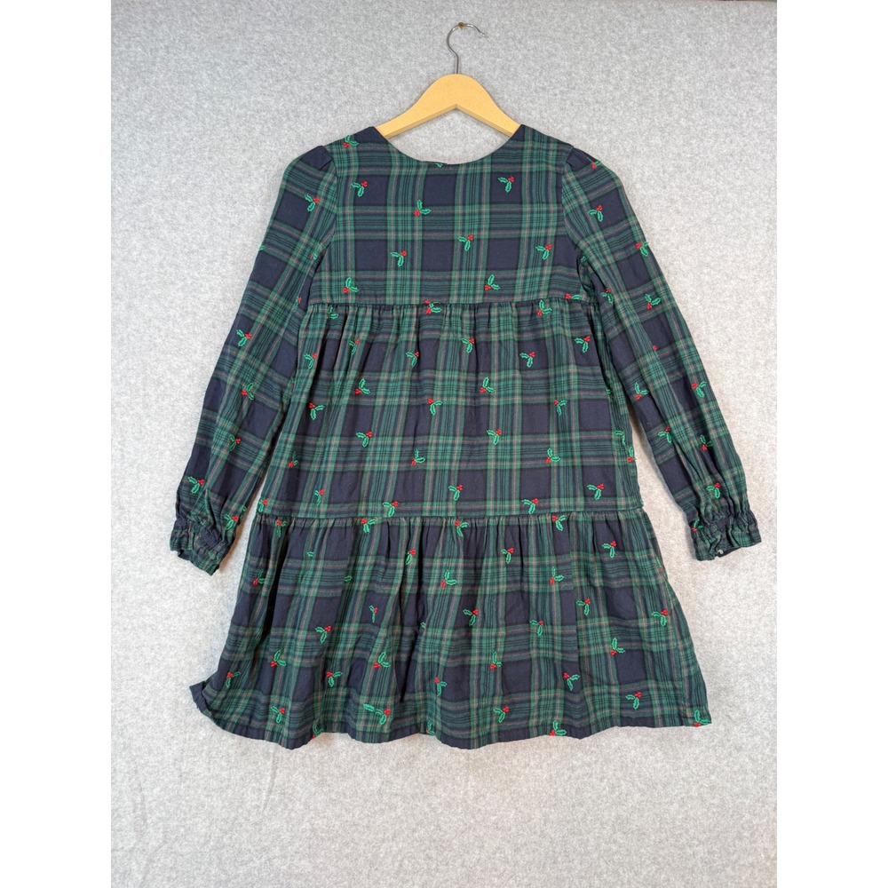 Mini Boden 11-12Y Dress Holiday Tartan Cotton Embroidered Holly